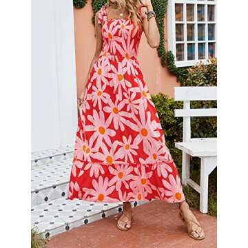 ZESICA Women's Boho Summer Floral Print Tie Straps Sleeveless Square Neck Smocked Flowy Ruffle A Line Maxi Dress