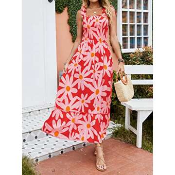 ZESICA Women's Boho Summer Floral Print Tie Straps Sleeveless Square Neck Smocked Flowy Ruffle A Line Maxi Dress