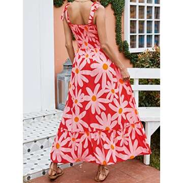 ZESICA Women's Boho Summer Floral Print Tie Straps Sleeveless Square Neck Smocked Flowy Ruffle A Line Maxi Dress