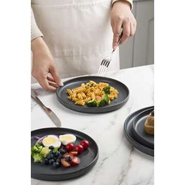 famiware Star Dinner Plates for 6, 10 inches Plate Set, Scratch Resistant, Stoneware Dinnerware, Kitchen Modern Rustic Serving Dishes, Matte Dark Charcoal (Full Glaze)