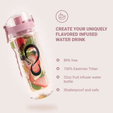 Live Infinitely 32 oz. Fruit Infuser Water Bottles With Time Marker, Insulation Sleeve & Recipe eBook - Fun & Healthy Way to Stay Hydrated (Rose Gold Timeline, 32 Ounce)