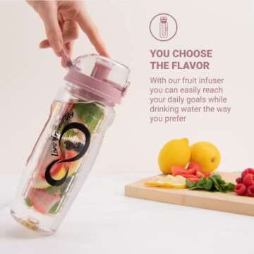 Live Infinitely 32 oz. Fruit Infuser Water Bottles With Time Marker, Insulation Sleeve & Recipe eBook - Fun & Healthy Way to Stay Hydrated (Rose Gold Timeline, 32 Ounce)