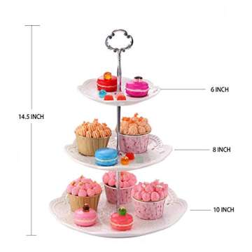 BonNoces 3-Tier Porcelain Cupcake Stand Serving Tray - White Embossed Elegant Dessert Cake Stand - P...