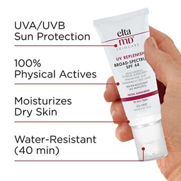 EltaMD UV Replenish Daily Face Sunscreen Broad-Spectrum SPF 44 Protection, Mineral, Oil Free, Water-Resistant Zinc Oxide, Facial Sunscreen for Sensitive Skin 2 oz.