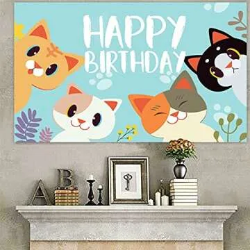 Happy Birthday Banner Backdrop Sky Blue Cute Cat Theme Party Decor Picks for Birthday Baby Shower Party Photography Background Supplies Decorations