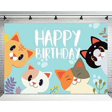 Happy Birthday Banner Backdrop Sky Blue Cute Cat Theme Party Decor Picks for Birthday Baby Shower Party Photography Background Supplies Decorations