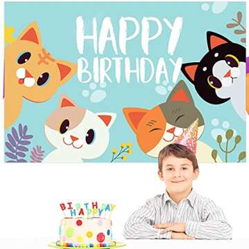 Happy Birthday Banner Backdrop Sky Blue Cute Cat Theme Party Decor Picks for Birthday Baby Shower Party Photography Background Supplies Decorations
