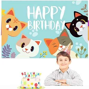 Happy Birthday Banner Backdrop Sky Blue Cute Cat Theme Party Decor Picks for Birthday Baby Shower Party Photography Background Supplies Decorations