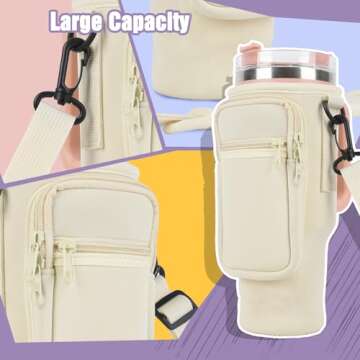 WuikerDuo Water Bottle Carrier Bag with Phone Pocket, Water Bottle Holder for 40oz Cup Accessories with Adjustable Shoulder Strap for Men Women Walking Hiking Travelling Camping Gym (Beige)