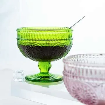 CHOOLD Vintage Sunflower Embossed Glass Footed Dessert Bowl Ice Cream Bowl Trifle Bowl Salad Bowl Candy Cake Bowl for Home Party Wedding 9 oz, Pink, Set of 4