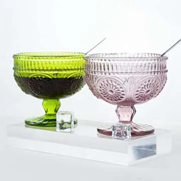 CHOOLD Vintage Sunflower Embossed Glass Footed Dessert Bowl Ice Cream Bowl Trifle Bowl Salad Bowl Candy Cake Bowl for Home Party Wedding 9 oz, Pink, Set of 4