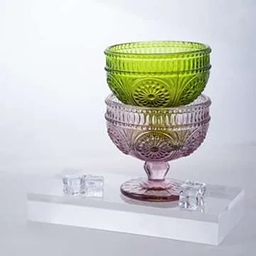 CHOOLD Vintage Sunflower Embossed Glass Footed Dessert Bowl Ice Cream Bowl Trifle Bowl Salad Bowl Candy Cake Bowl for Home Party Wedding 9 oz, Pink, Set of 4