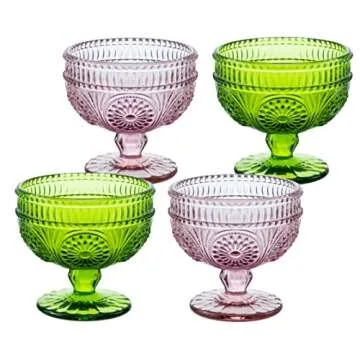 CHOOLD Vintage Sunflower Embossed Glass Footed Dessert Bowl Ice Cream Bowl Trifle Bowl Salad Bowl Candy Cake Bowl for Home Party Wedding 9 oz, Pink, Set of 4