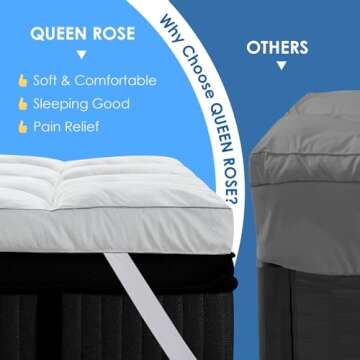 QUEEN ROSE Mattress Topper Queen, Extra Thick Mattress Pad Pillowtop for Back Pain Relief, Soft Bed Cover for Firm Mattress, Plush Overfilled Down Alternative Mattress Protector White