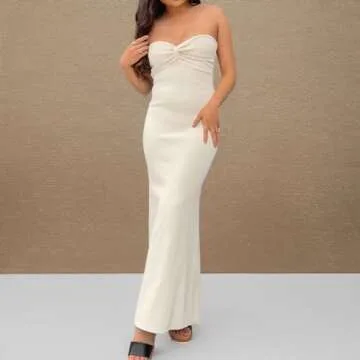 Women Strapless Knitted Maxi Dress Sexy Twisted Front Sleeveless Long Tube Dress Backless Bodycon Split Summer Sundress