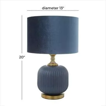 Deco 79 Fabric Room Table Lamp Ribbed Accent Lamp with Velvet Shade and Gold Accents, Lamp 13" x 13" x 20", Blue