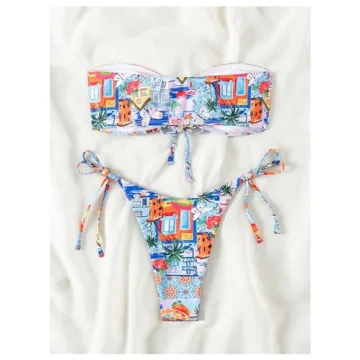 MakeMeChic Strapless Floral Cut Out 2 Piece Bikini Set