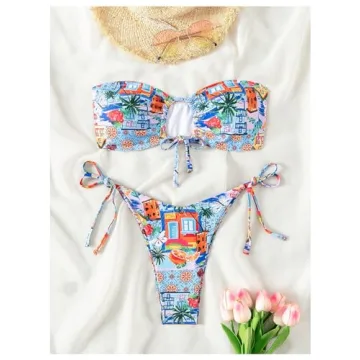 MakeMeChic Strapless Floral Cut Out 2 Piece Bikini Set