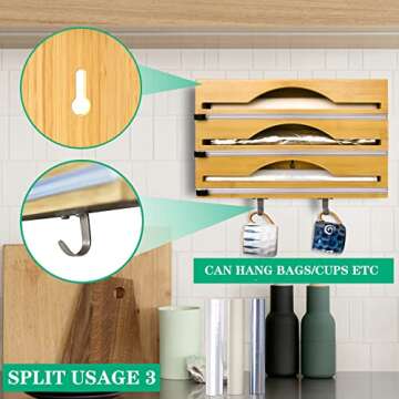 Foil and Plastic Wrap Organizer with Paper Towel Holder and Hook, Wall-Moun Bamboo Roll Organizer Holder with Cutter