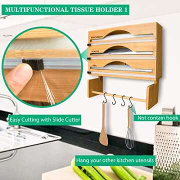 Foil and Plastic Wrap Organizer with Paper Towel Holder and Hook, Wall-Moun Bamboo Roll Organizer Holder with Cutter