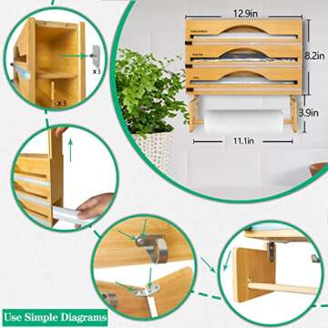 Foil and Plastic Wrap Organizer with Paper Towel Holder and Hook, Wall-Moun Bamboo Roll Organizer Holder with Cutter