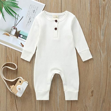 Kuriozud Newborn Infant Unisex Baby Boy Girl Button Solid Romper Bodysuit One Piece Jumpsuit Outfits Clothes (Long Sleeve one Piece White, 0-3 Months)