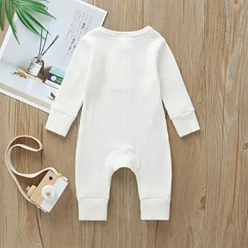 Kuriozud Newborn Infant Unisex Baby Boy Girl Button Solid Romper Bodysuit One Piece Jumpsuit Outfits Clothes (Long Sleeve one Piece White, 0-3 Months)