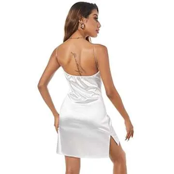 ZAFUL Women's Casual Satin Dress Spaghetti Strap Cowl Neck Slips Nightwear Side Slit Cocktail Party Silk Mini Cami Dresses (A-f White,S)