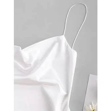 ZAFUL Women's Casual Satin Dress Spaghetti Strap Cowl Neck Slips Nightwear Side Slit Cocktail Party Silk Mini Cami Dresses (A-f White,S)