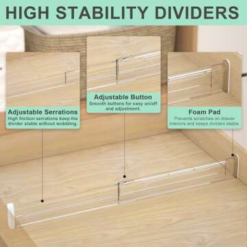 FUNIZE Expandable Drawer Dividers 4 Pack, 2.36" High, 12.6-22.8 Clear Drawer Organizers for Utensils...