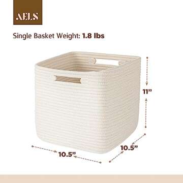 AELS Hand Woven Cotton Basket for Storage, Cube Storage Bins with Handles, Foldable Collapsible Closet Organizers and Storage, Boho Farmhouse Storage Cubes for Shelves, Beige