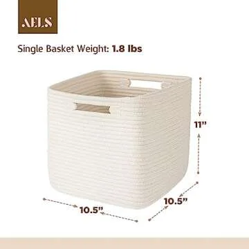 AELS Hand Woven Cotton Basket for Storage, Cube Storage Bins with Handles, Foldable Collapsible Closet Organizers and Storage, Boho Farmhouse Storage Cubes for Shelves, Beige
