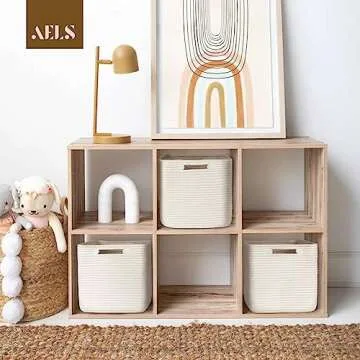 AELS Hand Woven Cotton Basket for Storage, Cube Storage Bins with Handles, Foldable Collapsible Closet Organizers and Storage, Boho Farmhouse Storage Cubes for Shelves, Beige