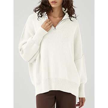 Caracilia Sweaters for Women 2024 Fall Oversized Zip Up Long Sleeve Casual Lapel Collar Drop Shoulder Soft Cozy Warm Loose Slouchy Pullover Clothes Clearance C56A6-mibai-M White