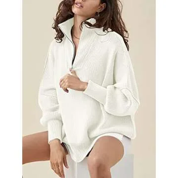 Caracilia Sweaters for Women 2024 Fall Oversized Zip Up Long Sleeve Casual Lapel Collar Drop Shoulder Soft Cozy Warm Loose Slouchy Pullover Clothes Clearance C56A6-mibai-M White