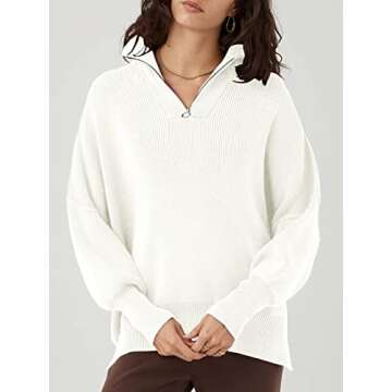 Caracilia Sweaters for Women 2024 Fall Oversized Zip Up Long Sleeve Casual Lapel Collar Drop Shoulder Soft Cozy Warm Loose Slouchy Pullover Clothes Clearance C56A6-mibai-M White