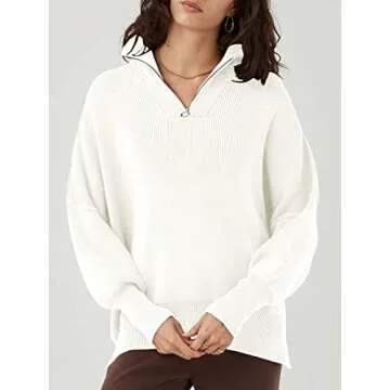 Caracilia Sweaters for Women 2024 Fall Oversized Zip Up Long Sleeve Casual Lapel Collar Drop Shoulder Soft Cozy Warm Loose Slouchy Pullover Clothes Clearance C56A6-mibai-M White