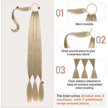 SEIKEA Upgraded Long Braid Ponytail Extension with Elastic Tie Straight Sleek Wrap Around Braid Hair Extensions Ponytail Natural Soft Synthetic Hairpiece Ash Blonde 30 Inch (After Braided 27 Inch)