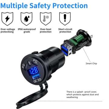 KEWIG 2Pcs 12V USB Outlet Quick Charge 3.0 USB Charger Socket & Dual PD Type - C Ports, USB Cigarette Lighter Socket with ON/Off Switch & Voltmeter, Waterproof Car Chagrer for Car Boat Marine RV Golf