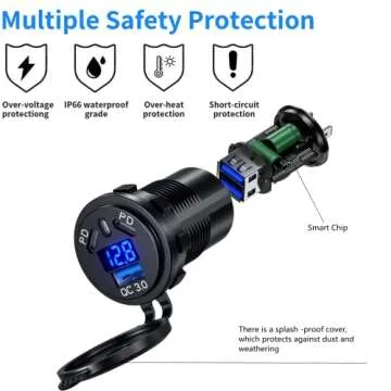 KEWIG 2Pcs 12V USB Outlet Quick Charge 3.0 USB Charger Socket & Dual PD Type - C Ports, USB Cigarette Lighter Socket with ON/Off Switch & Voltmeter, Waterproof Car Chagrer for Car Boat Marine RV Golf