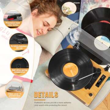 Vinyl Record Player Vintage Bluetooth Turntable for Vinyl with Built-in Speakers, 3 Speeds Belt-Driv...