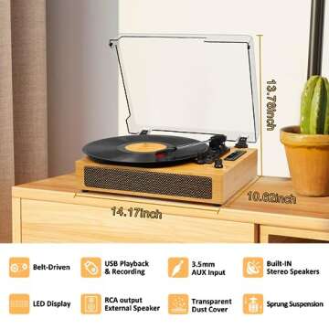Vinyl Record Player Vintage Bluetooth Turntable for Vinyl with Built-in Speakers, 3 Speeds Belt-Driven Portable Retro Record Player for Entertainment and Home Decoration, Bamboo