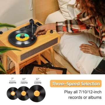 Vinyl Record Player Vintage Bluetooth Turntable for Vinyl with Built-in Speakers, 3 Speeds Belt-Driven Portable Retro Record Player for Entertainment and Home Decoration, Bamboo