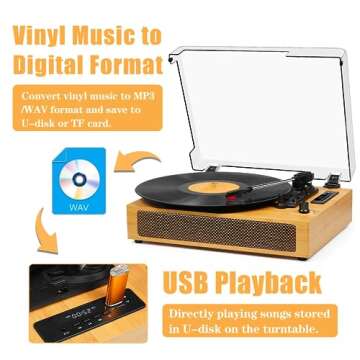 Vinyl Record Player Vintage Bluetooth Turntable for Vinyl with Built-in Speakers, 3 Speeds Belt-Driven Portable Retro Record Player for Entertainment and Home Decoration, Bamboo