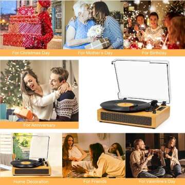 Vinyl Record Player Vintage Bluetooth Turntable for Vinyl with Built-in Speakers, 3 Speeds Belt-Driven Portable Retro Record Player for Entertainment and Home Decoration, Bamboo