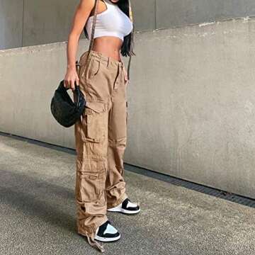 YAHUIUL Cargo Pants Women, Parachute Pants for Women Baggy Low Waist Zipper Y2K Pants Light Baggy Jogger Relaxed 02 Khaki L