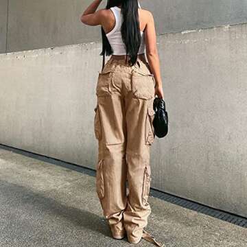 YAHUIUL Cargo Pants Women, Parachute Pants for Women Baggy Low Waist Zipper Y2K Pants Light Baggy Jogger Relaxed 02 Khaki L