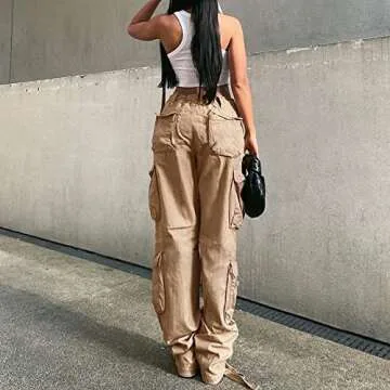 YAHUIUL Cargo Pants Women, Parachute Pants for Women Baggy Low Waist Zipper Y2K Pants Light Baggy Jogger Relaxed 02 Khaki L