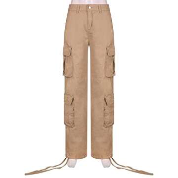 YAHUIUL Cargo Pants Women, Parachute Pants for Women Baggy Low Waist Zipper Y2K Pants Light Baggy Jogger Relaxed 02 Khaki L
