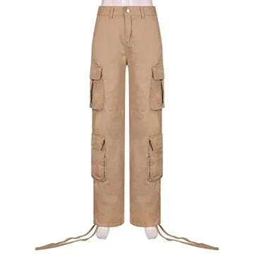 YAHUIUL Cargo Pants Women, Parachute Pants for Women Baggy Low Waist Zipper Y2K Pants Light Baggy Jogger Relaxed 02 Khaki L